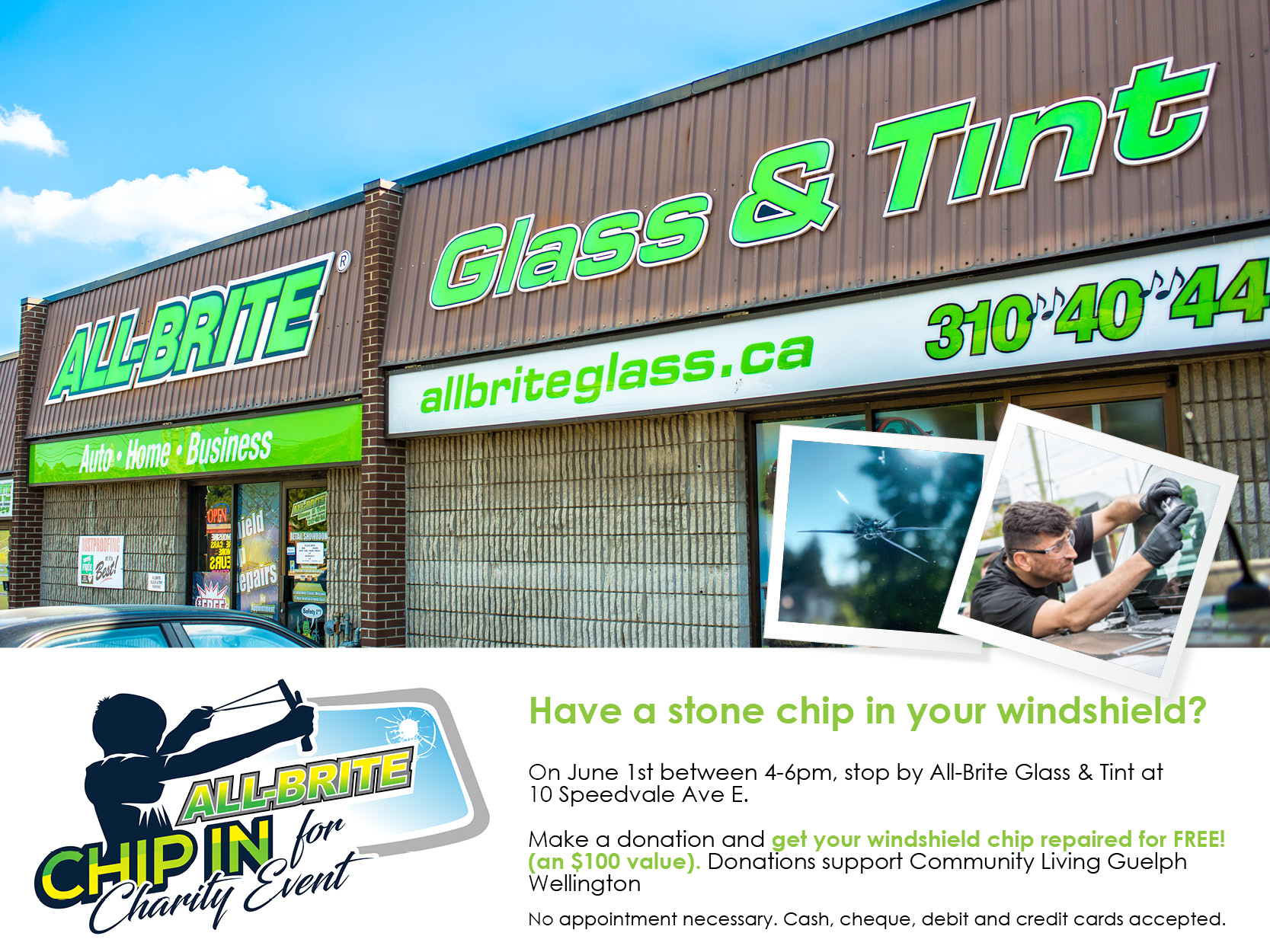 all brite, chip in for charity, windshield chip repair, charity, fundraising, guelph ON, donation, windshield donation, auto glass