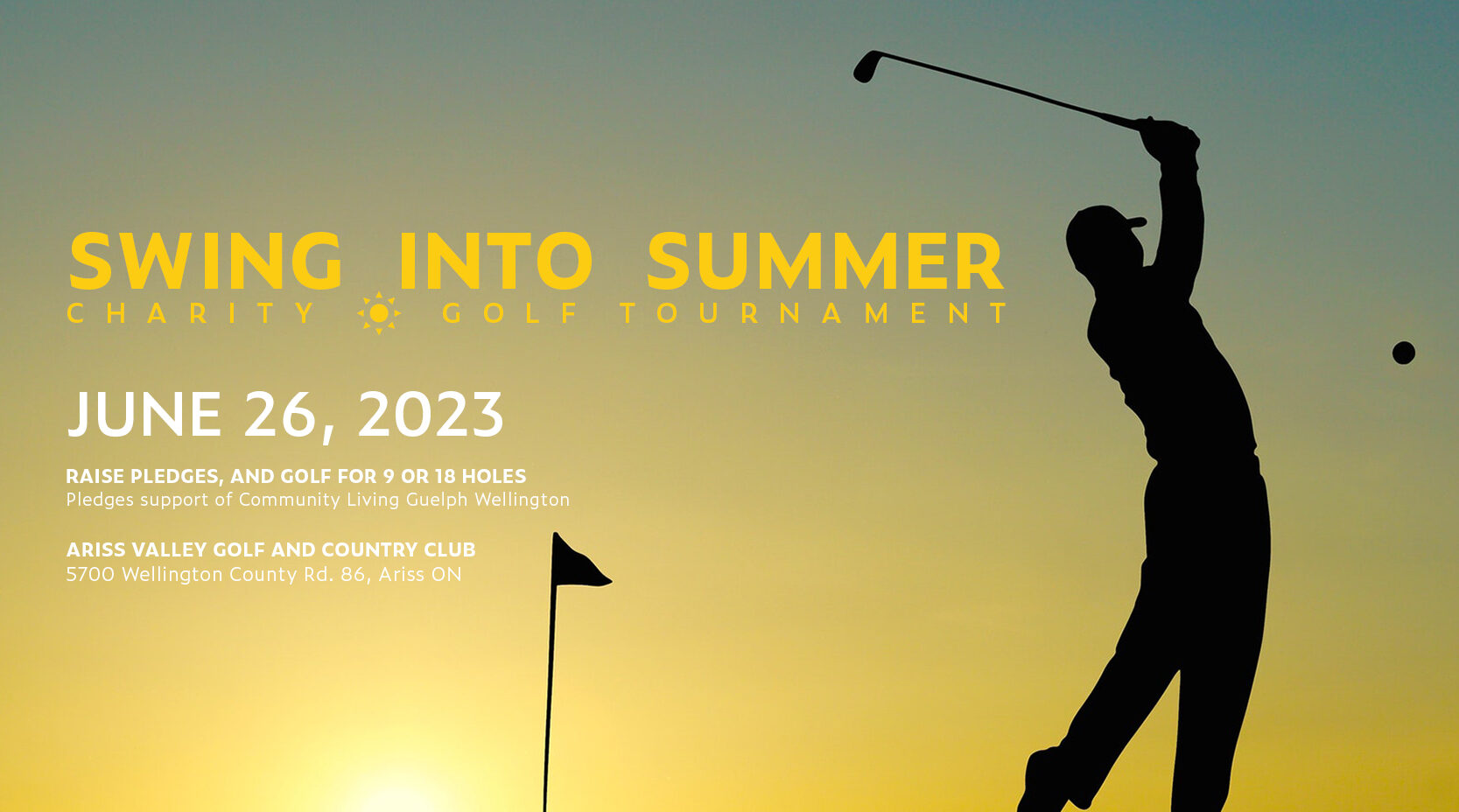 Image shows a silhouette of a golfer taking a swing as the sun is going down. Text on the image say Swing Into Summer June 26, 2023