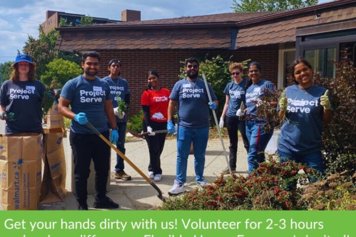 A group of volunteers are outside a home. Some of them are holding shovels and others are wearing gardening gloves. Text on the image says "Get your hands dirty with us! Volunteer for 2-3 hours and make a difference. Flexible Hours. Everyone's invited!".