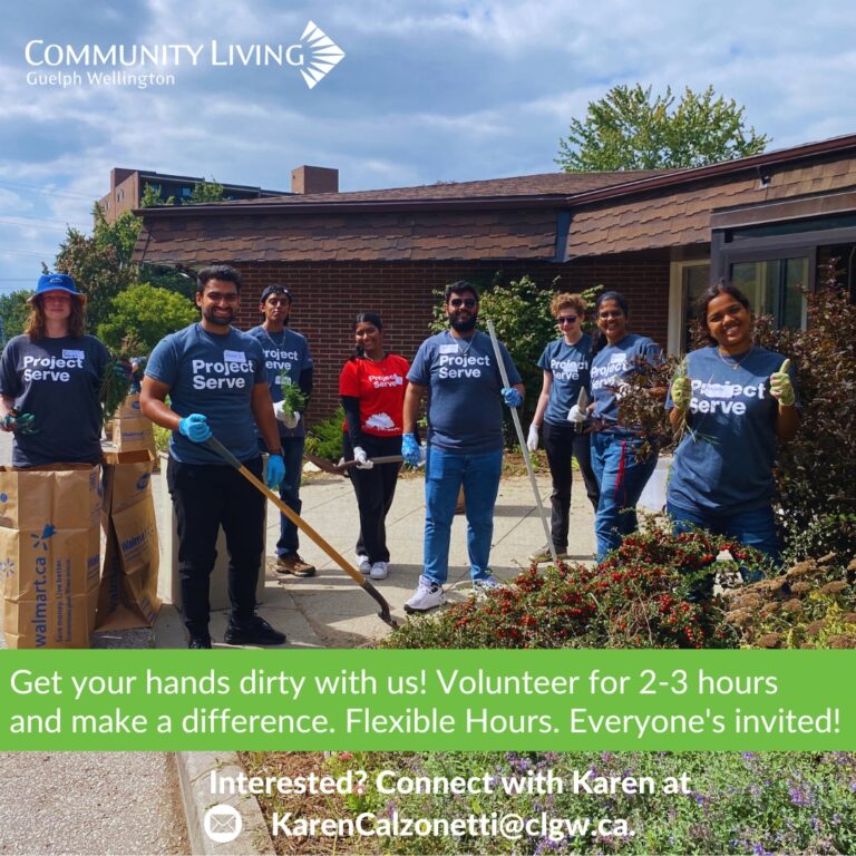 A group of volunteers are outside a home. Some of them are holding shovels and others are wearing gardening gloves. Text on the image says "Get your hands dirty with us! Volunteer for 2-3 hours and make a difference. Flexible Hours. Everyone's invited!".